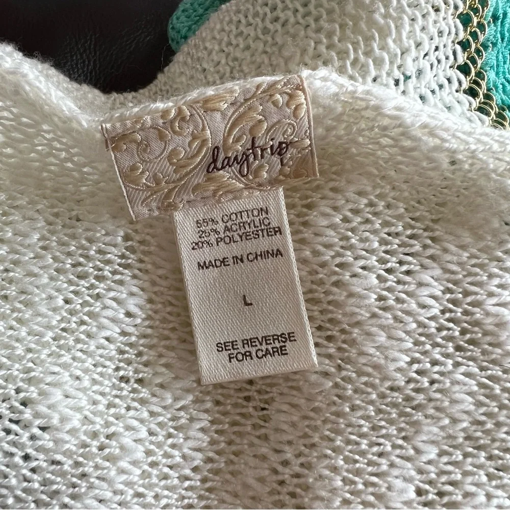 Daytrip Large White Green Gold Cardigan Crochet Sweater Open Knit Draped Front - Picture 4 of 4
